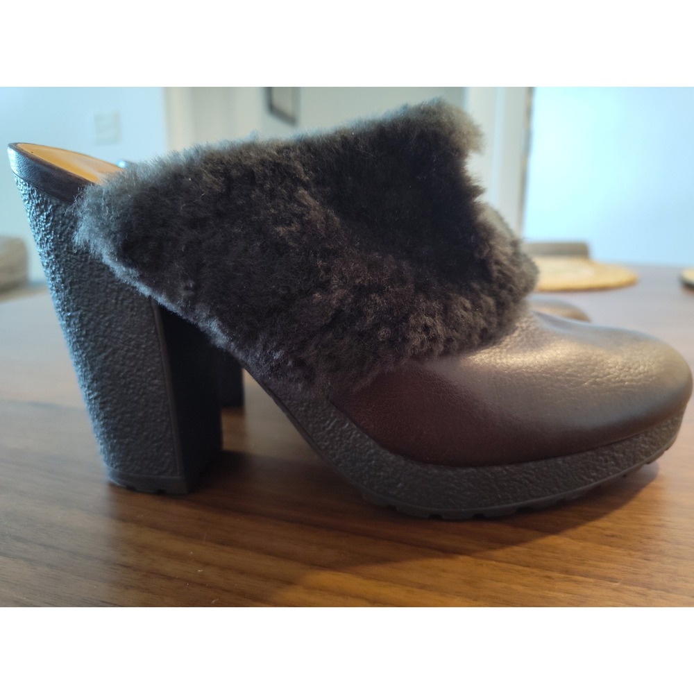 Hunter Brown Leather Shearling Trim Platform Mules Clogs Heel BRUS1029 US 9